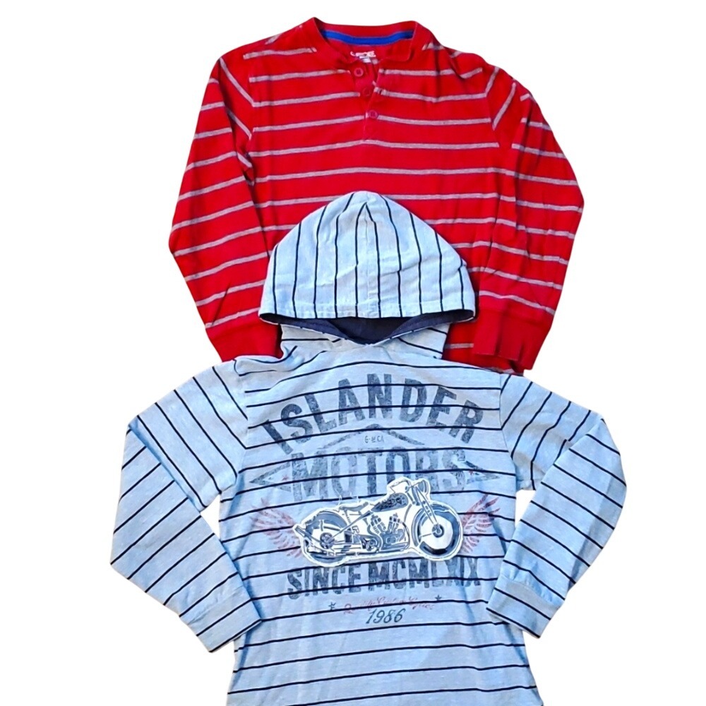 2 Boys Long Sleeve Size 8 Striped Shirts - GAP Island Moto Hoodie & Cherokee Red